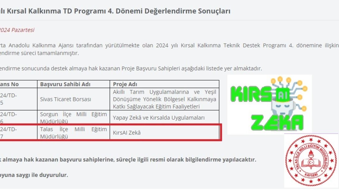 KırsAL Zeka Eğitim Projemiz ORAN Kalkınma Ajansı Desteği Aldı